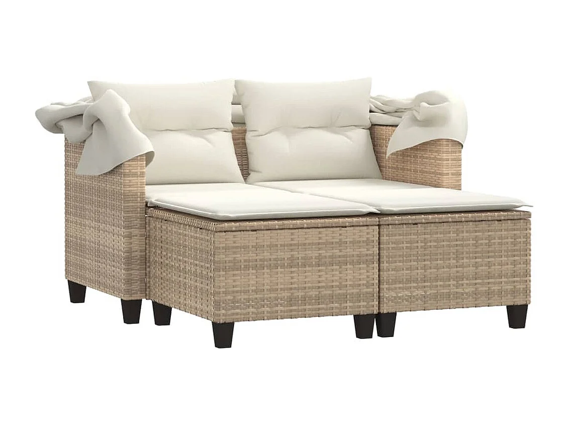 Tuinbank 2-zits met luifel en voetenbanken poly rattan beige