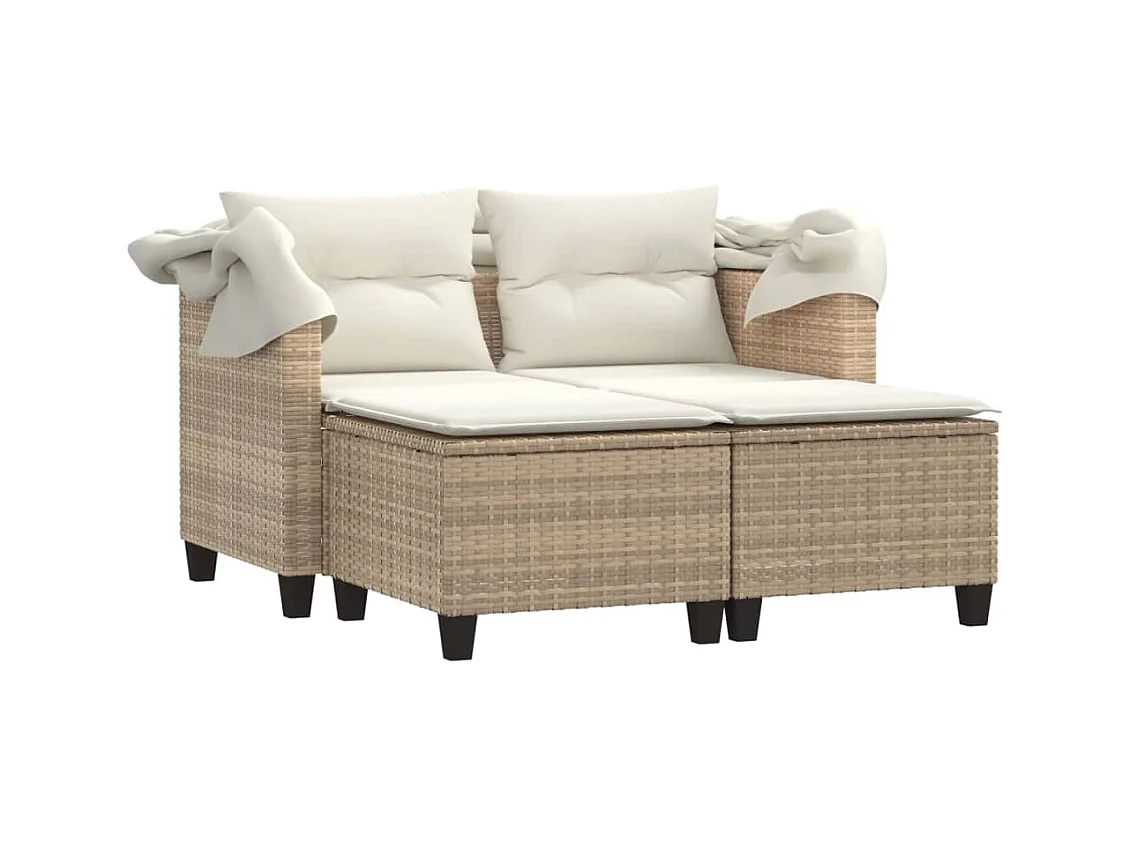 Canapé de jardin 2 places avec auvent et tabourets beige rotin