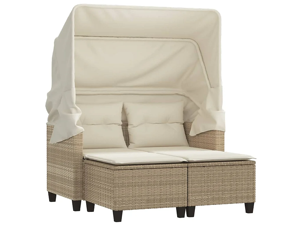 Canapé de jardin 2 places avec auvent et tabourets beige rotin