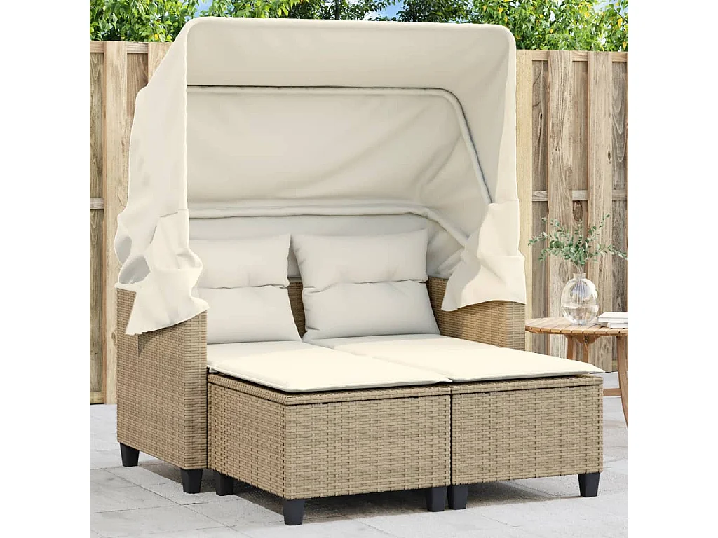 Canapé de jardin 2 places avec auvent et tabourets beige rotin