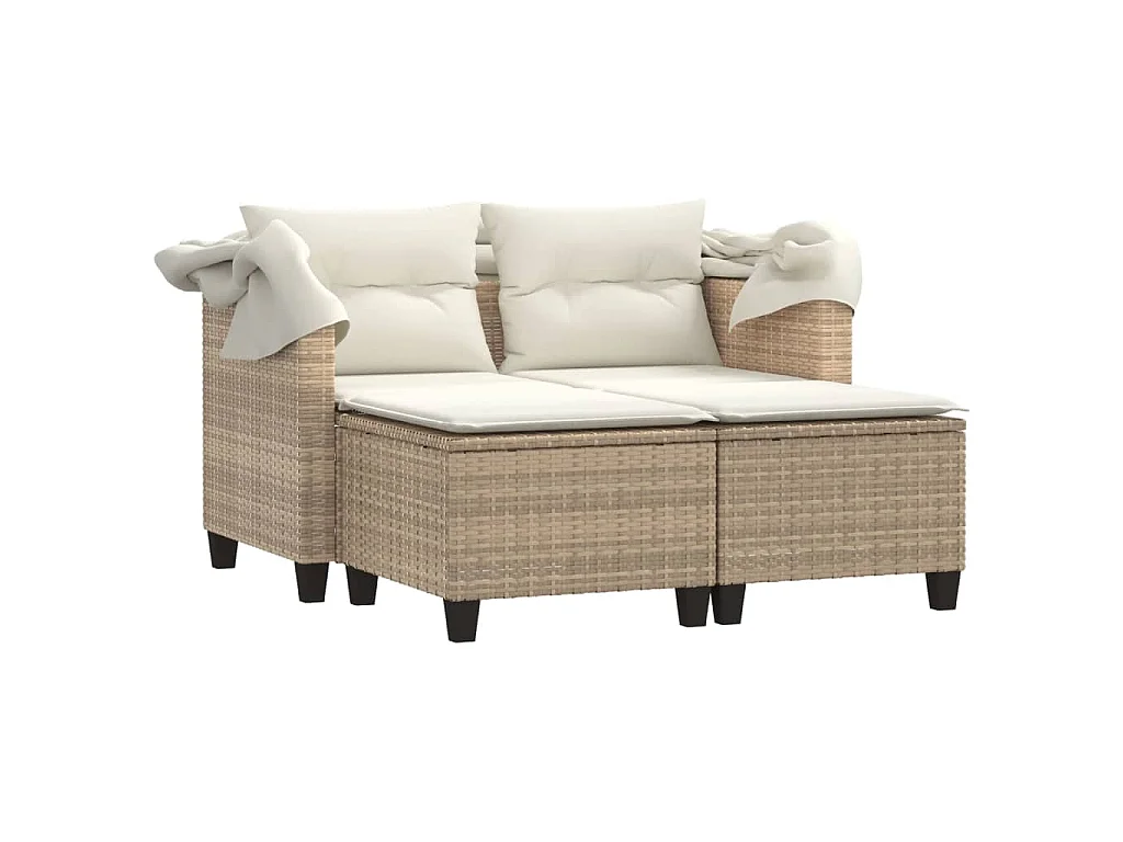 Canapé de jardin 2 places avec auvent et tabourets beige rotin