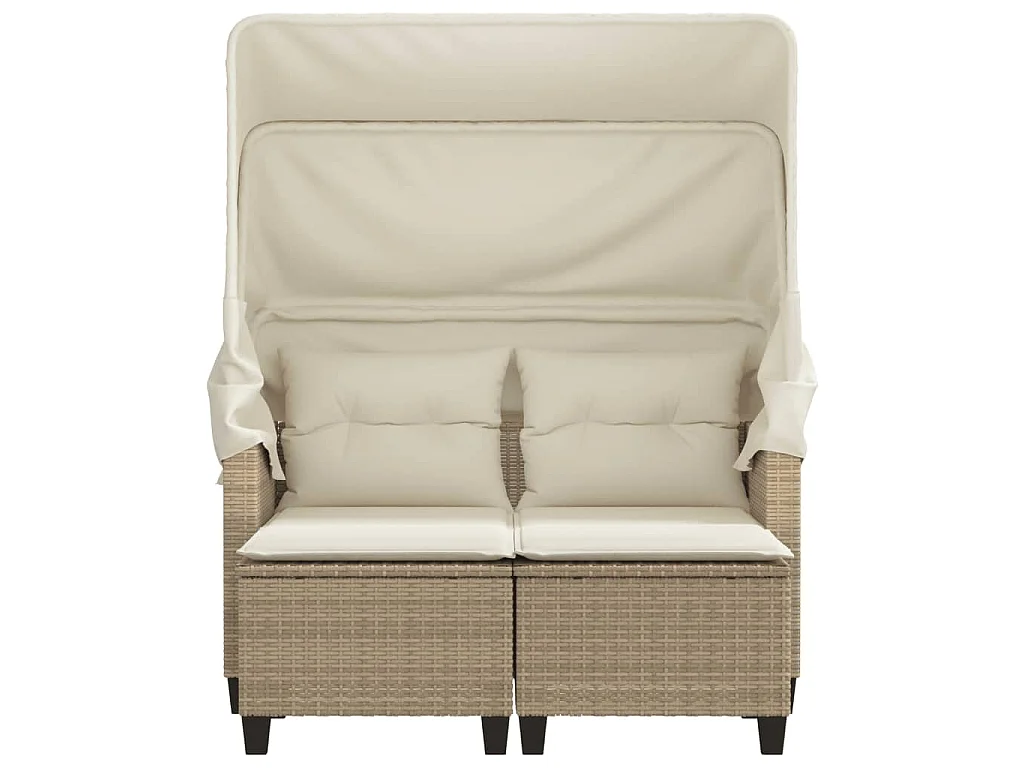 Canapé de jardin 2 places avec auvent et tabourets beige rotin
