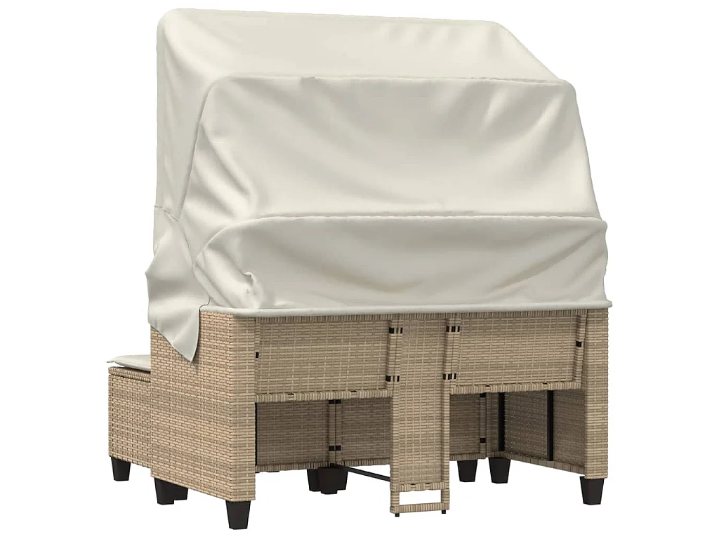 Canapé de jardin 2 places avec auvent et tabourets beige rotin