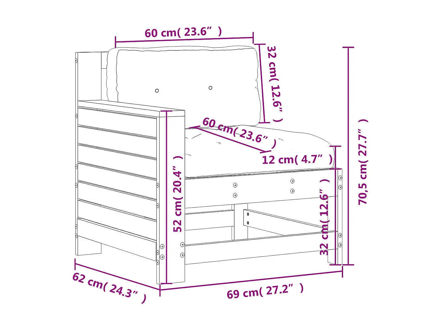 Canapé de jardin accoudoir avec coussin bois massif de pin
