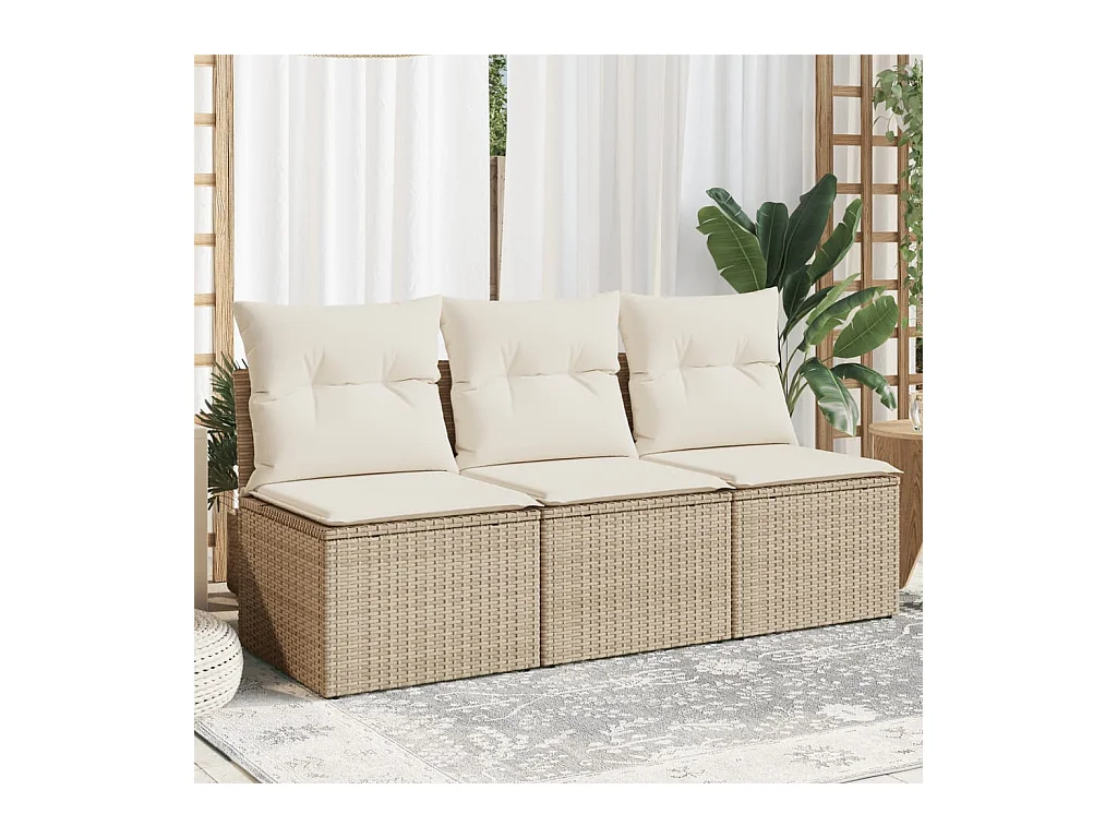 Canapé de jardin avec coussins 3 places beige résine tressée