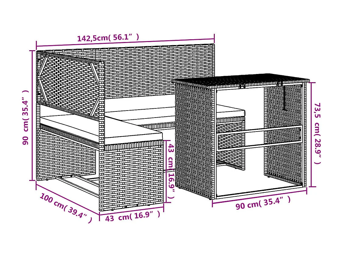 Sofá de jardim forma de L c/ mesa e almofadões vime PE castanho