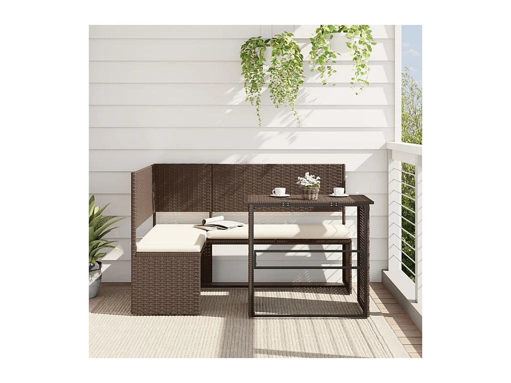 Tuinbank met tafel en kussens L-vormig poly rattan bruin