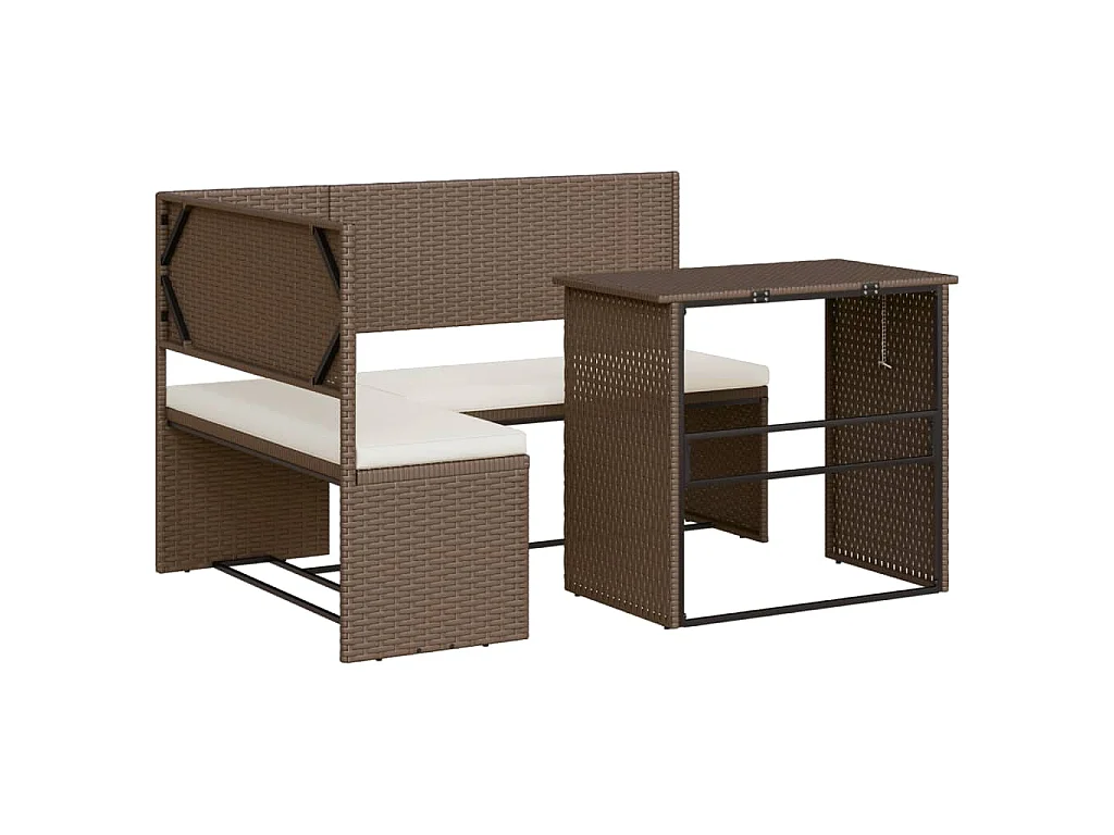 Divano da Giardino con Tavolo e Cuscini a L Marrone Polyrattan