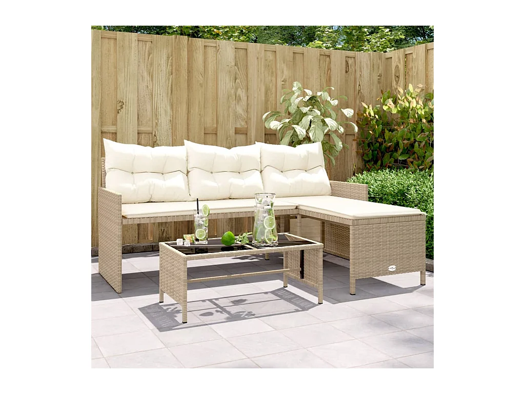 Canapé de jardin avec table et coussins en forme de L beige
