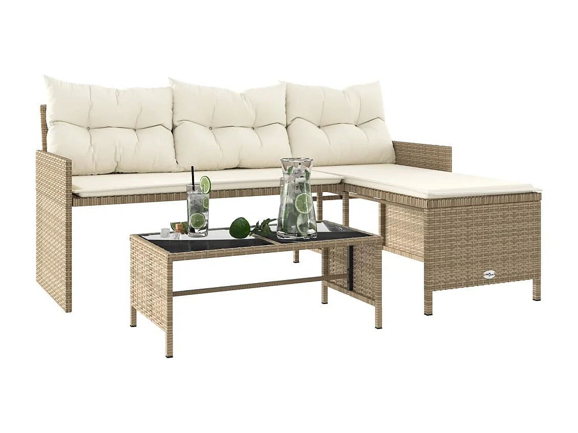 Gartensofa in L-Form mit Tisch und Kissen Beige Poly Rattan