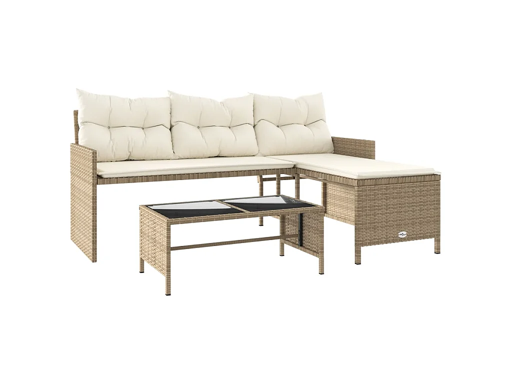 Canapé de jardin avec table et coussins en forme de L beige