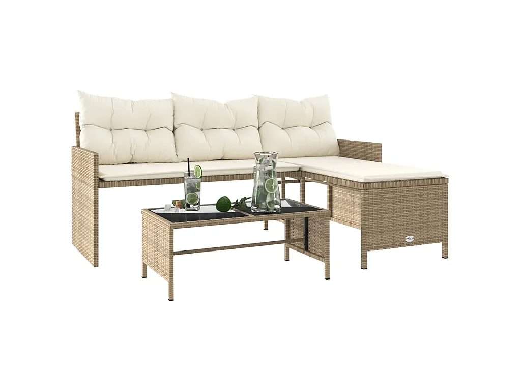 Canapé de jardin avec table et coussins en forme de L beige