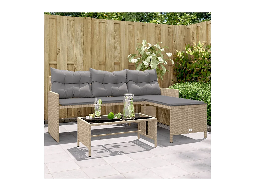 Gartensofa in L-Form mit Tisch und Kissen Beige Poly Rattan