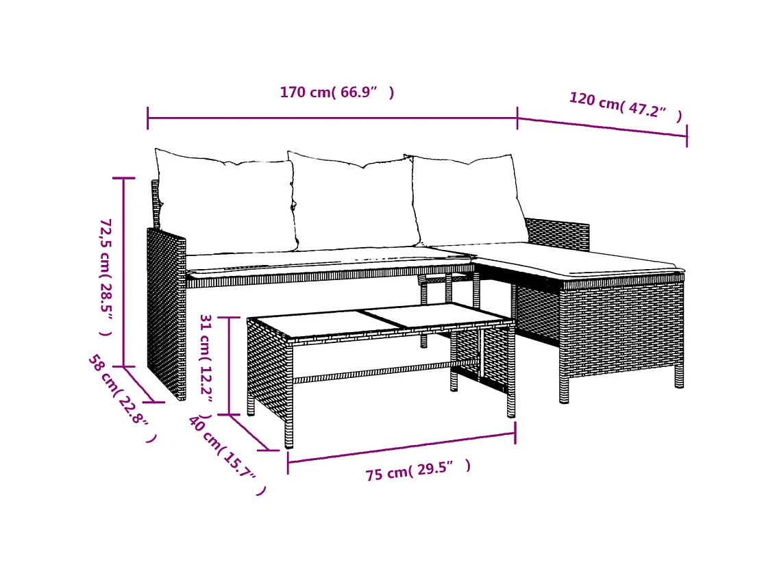 Canapé de jardin table et coussins en forme de L mélange beige