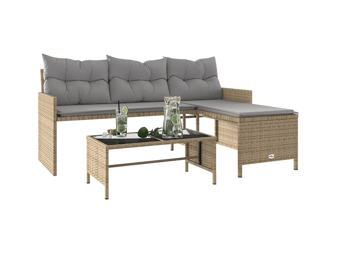Canapé de jardin table et coussins en forme de L mélange beige