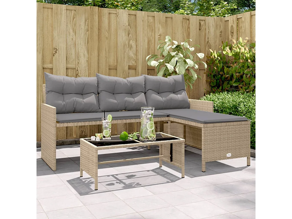 Gartensofa in L-Form mit Tisch und Kissen Beige Poly Rattan