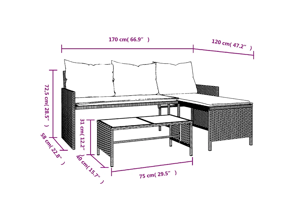 Gartensofa in L-Form mit Tisch und Kissen Beige Poly Rattan
