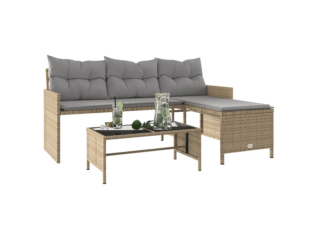 Gartensofa in L-Form mit Tisch und Kissen Beige Poly Rattan