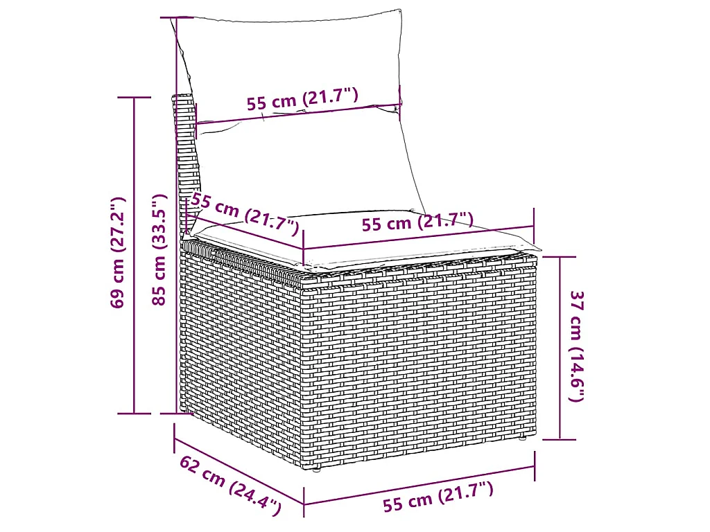 Chaise de jardin sans accoudoirs avec coussins noir poly rotin