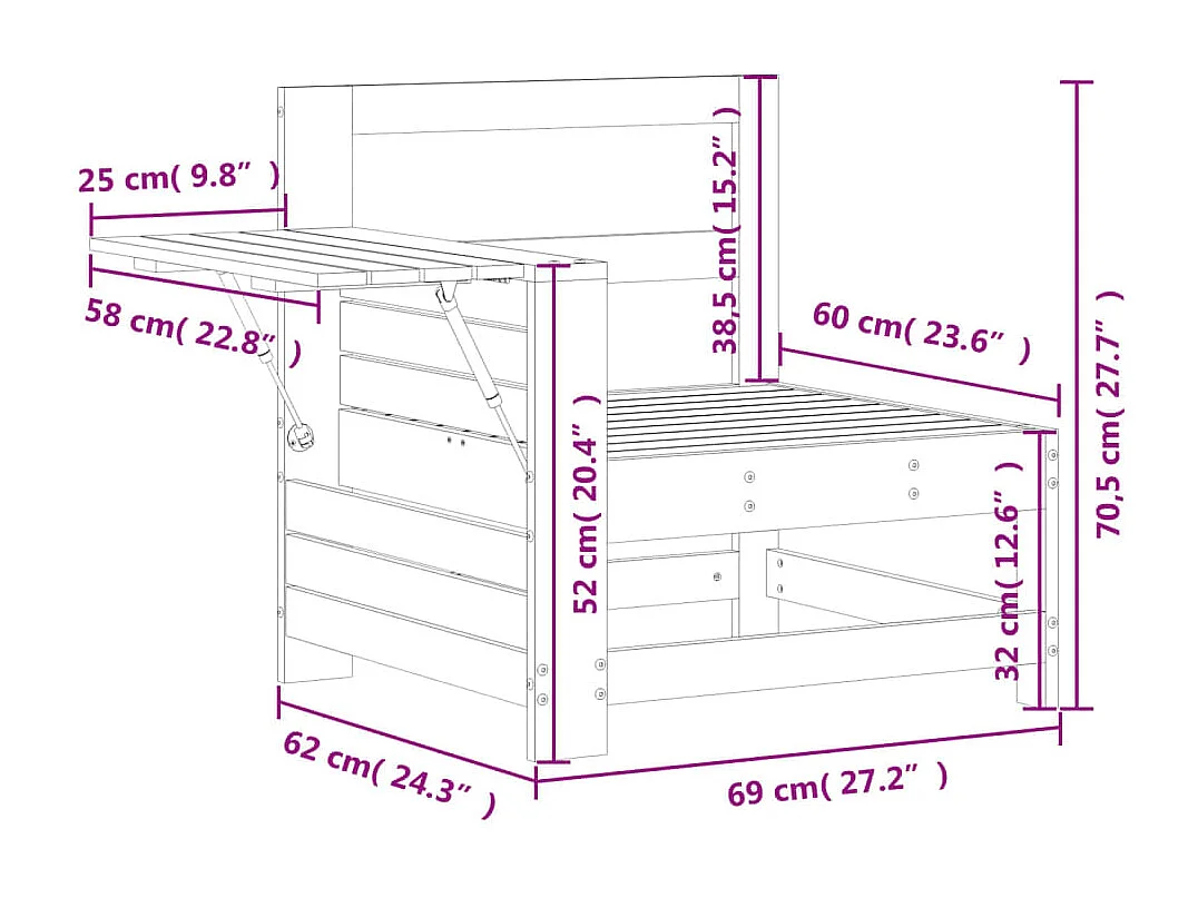 Tuinbank met armleuning en klaptafel massief grenenhout wit