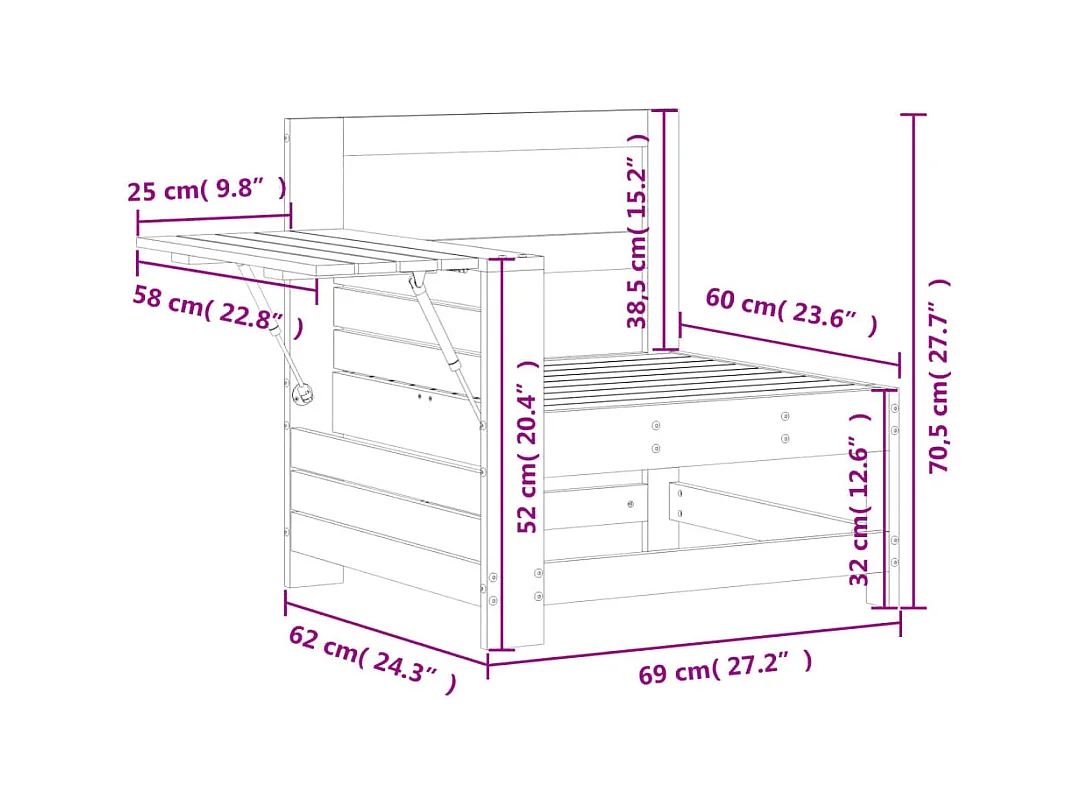 Tuinbank met armleuning en klaptafel massief grenenhout wit