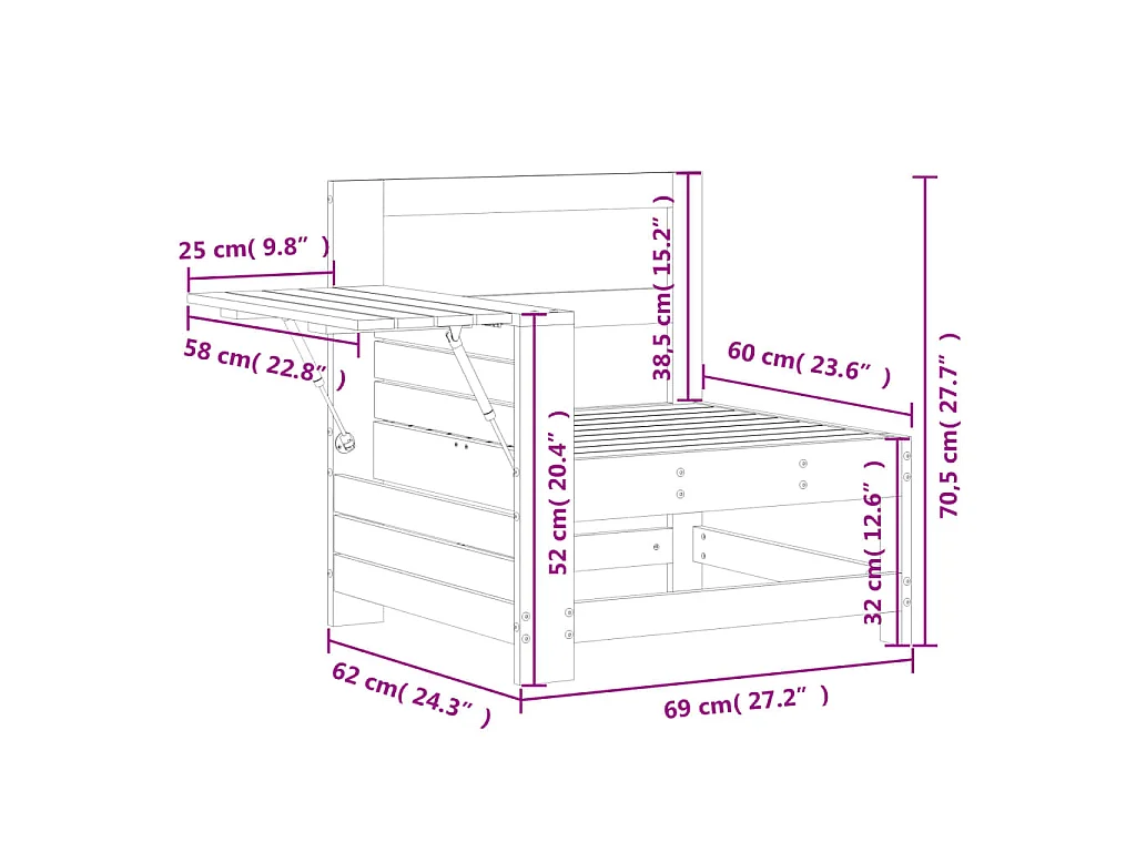 Canapé de jardin accoudoir et table d'appoint blanc massif pin