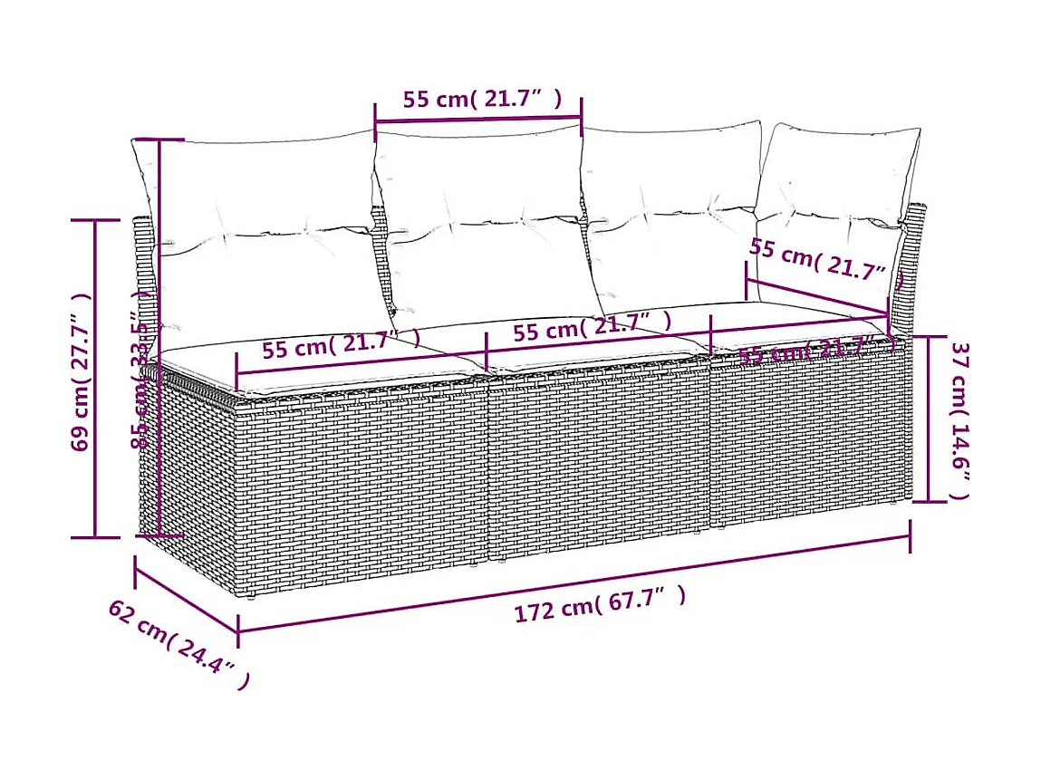 Divano da Giardino con Cuscini 3 Posti Grigio in Polyrattan