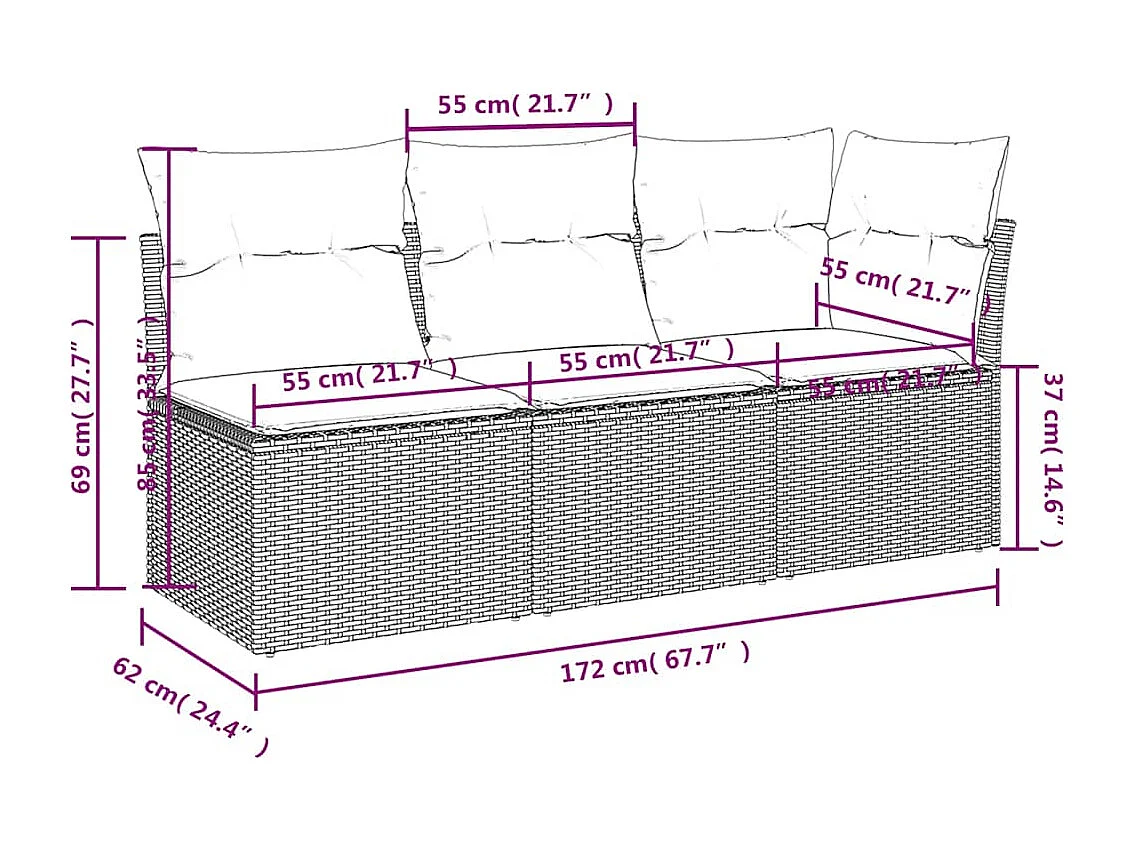 Divano da Giardino con Cuscini 3 Posti Grigio in Polyrattan