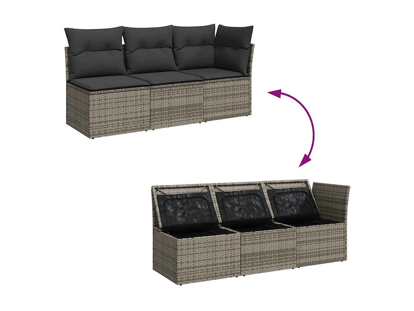 Divano da Giardino con Cuscini 3 Posti Grigio in Polyrattan