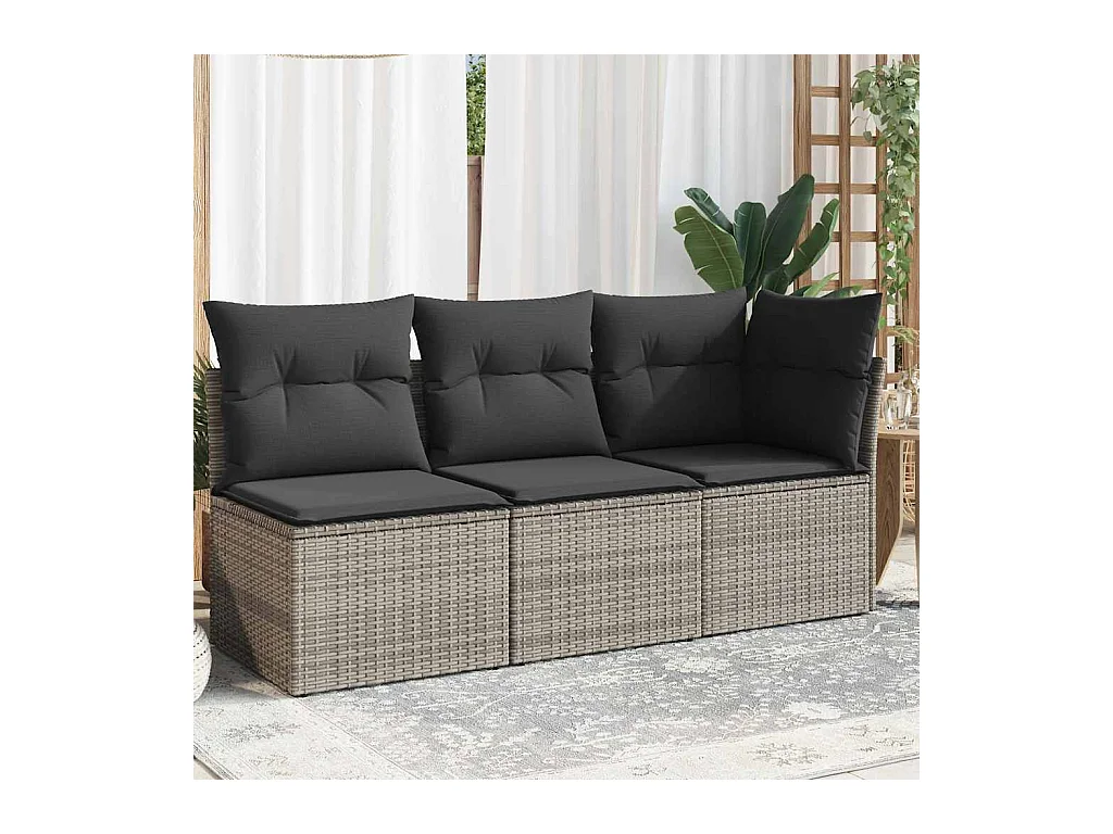 Gartensofa mit Kissen 3-Sitzer Grau Poly Rattan