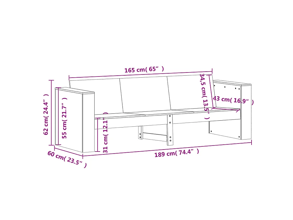 Tuinbank 3-zits 189x60x62 cm massief grenenhout wit