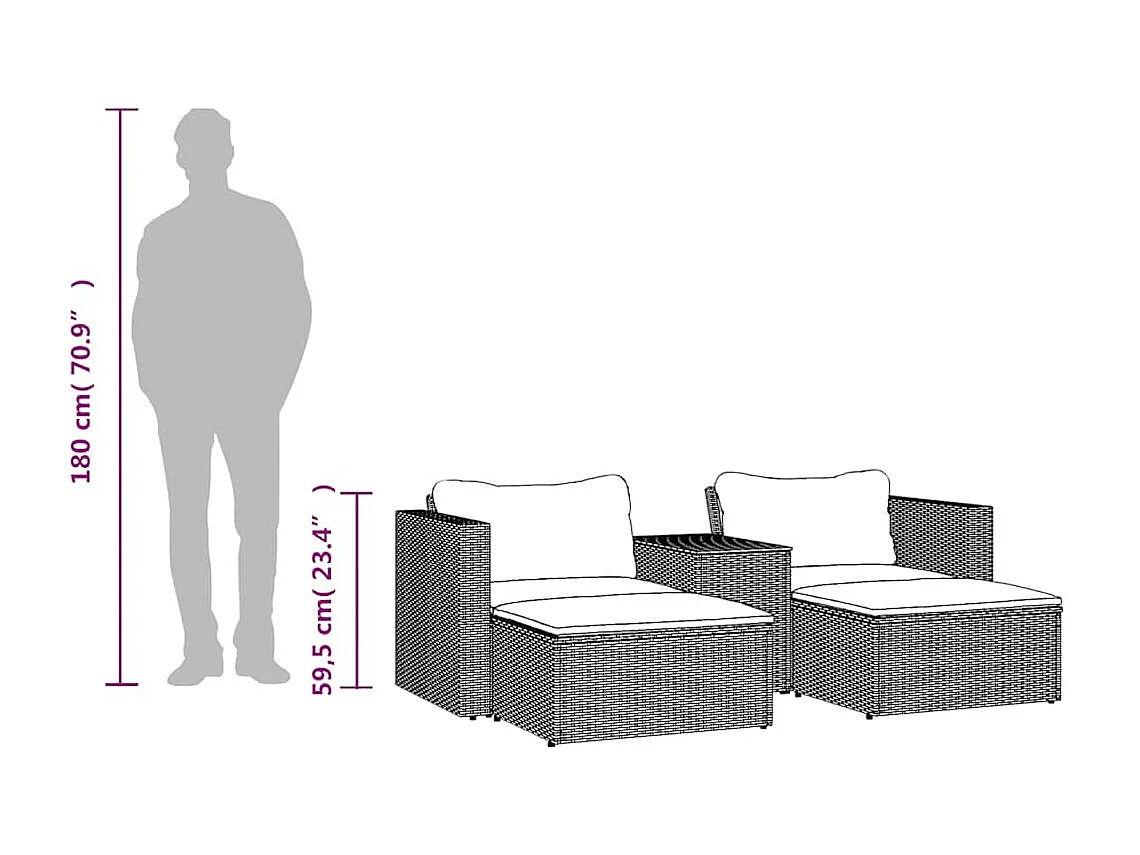 Salon de jardin 5 pcs avec coussins noir résine tressée acacia