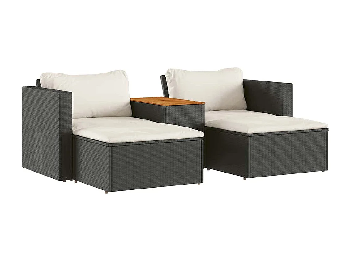 Salon de jardin 5 pcs avec coussins noir résine tressée acacia