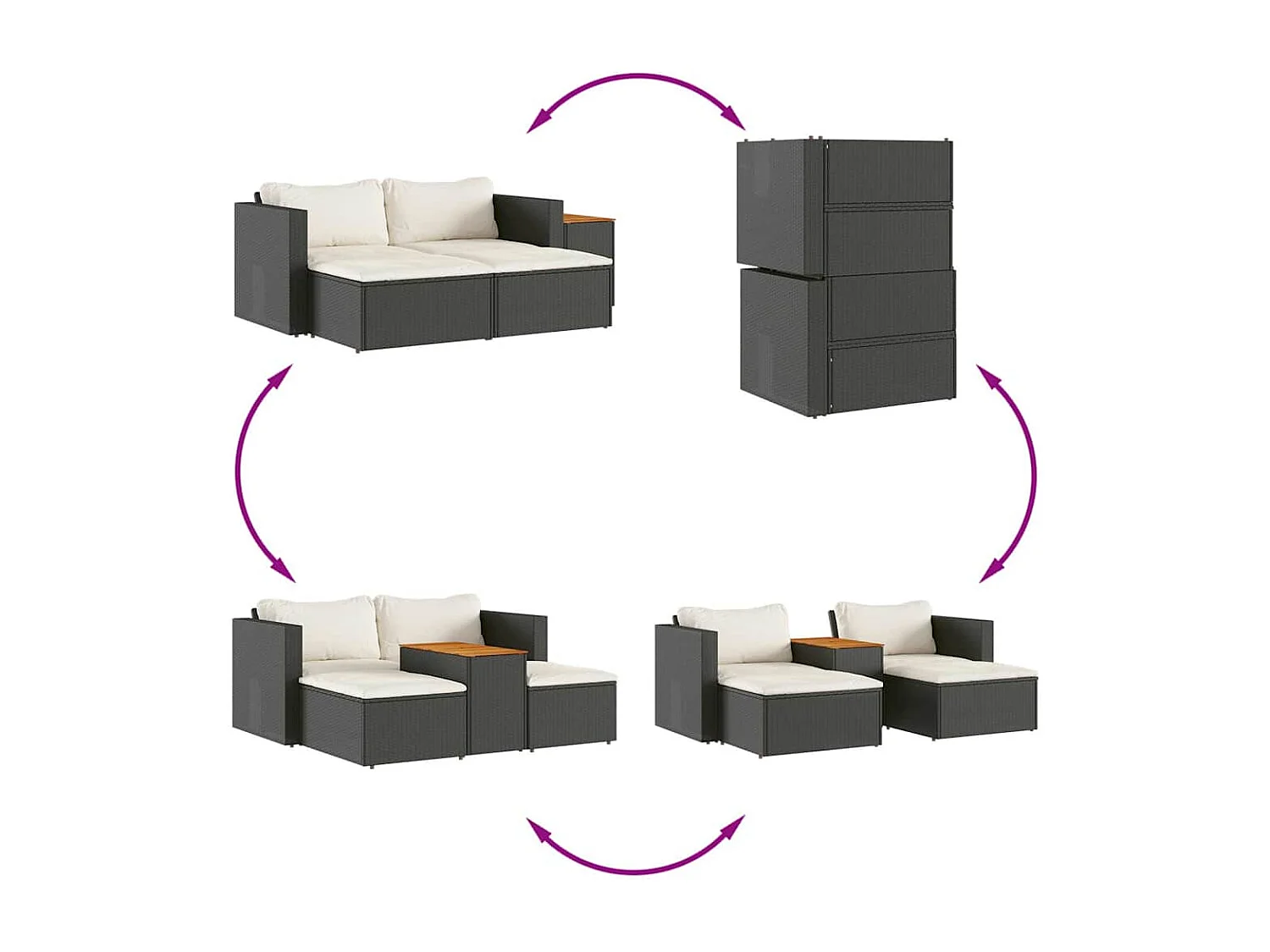 Salon de jardin 5 pcs avec coussins noir résine tressée acacia