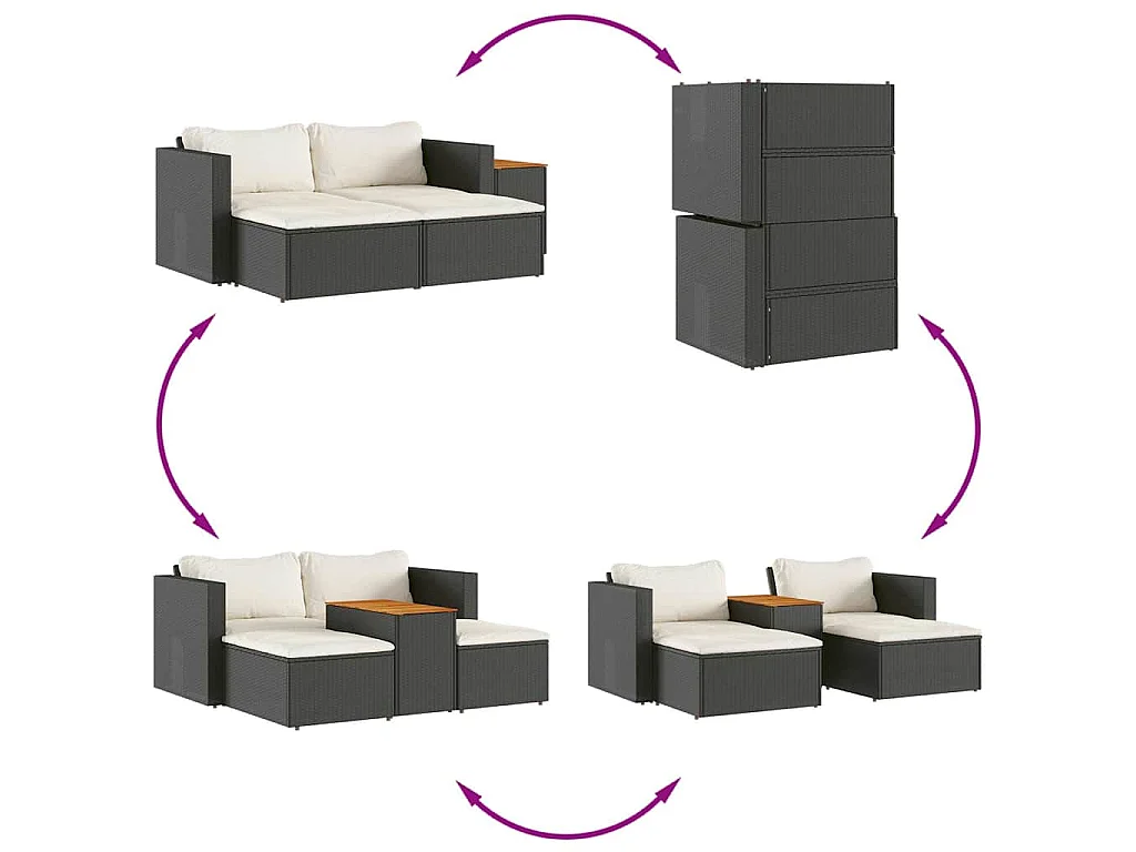 Salon de jardin 5 pcs avec coussins noir résine tressée acacia