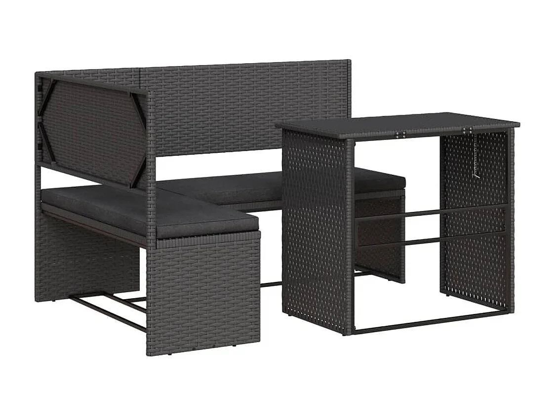 Sofá de jardín en forma de L con mesa y cojines ratán PE negro