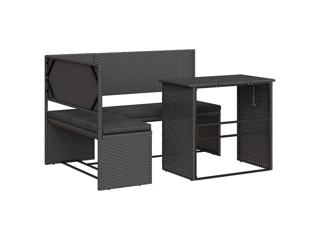 Divano da Giardino con Tavolo e Cuscini a L Nero in Polyrattan