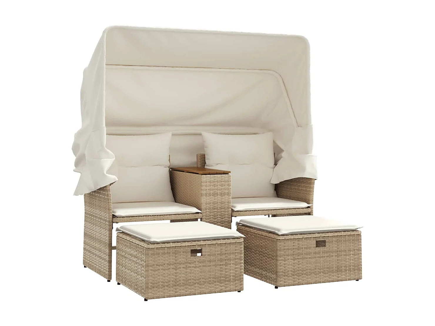 Gartensofa 2-Sitzer mit Dach und Hockern Beige Poly Rattan