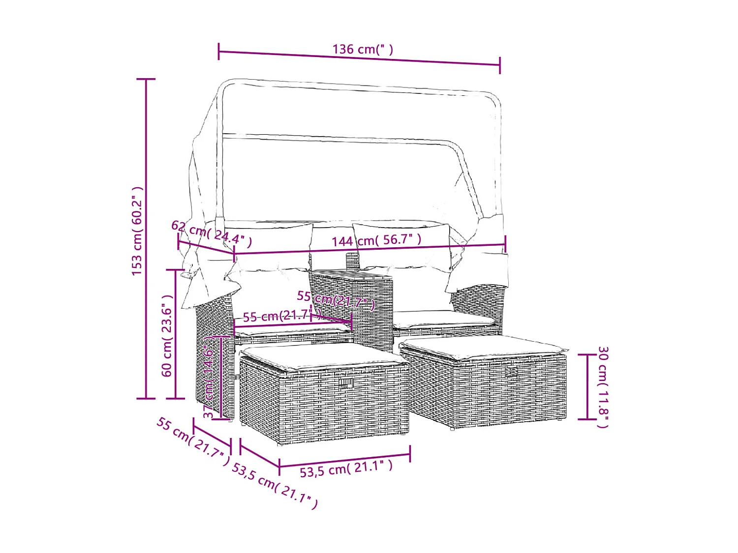Gartensofa 2-Sitzer mit Dach und Hockern Beige Poly Rattan
