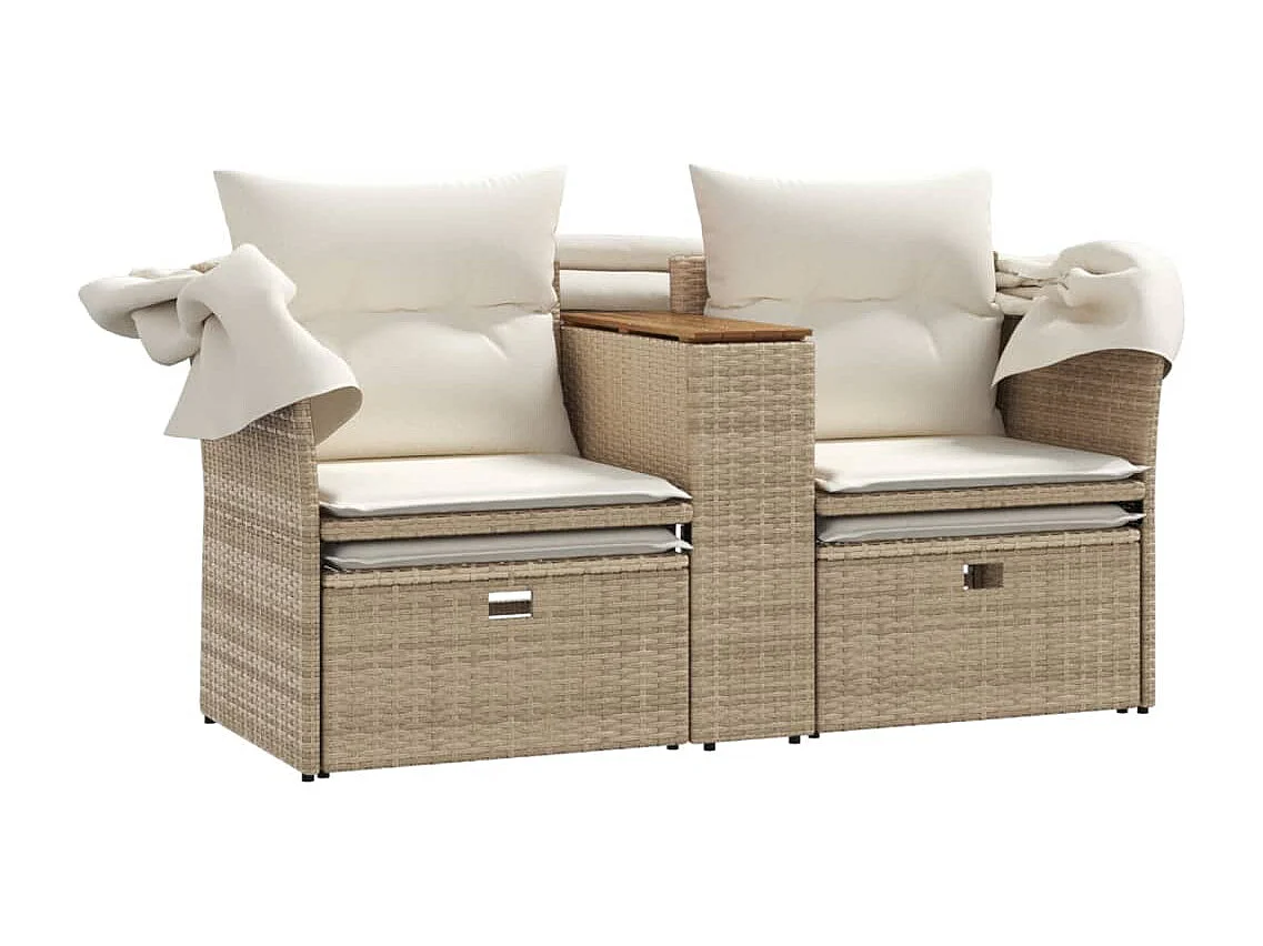Gartensofa 2-Sitzer mit Dach und Hockern Beige Poly Rattan