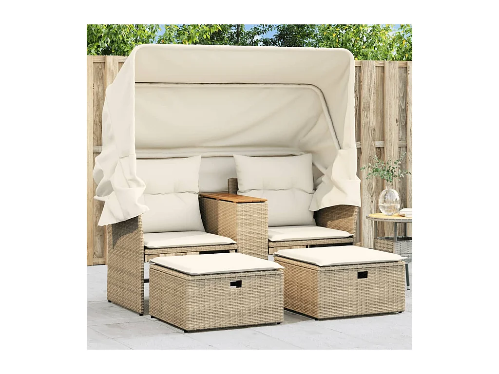 Canapé de jardin 2 places avec auvent et tabourets beige rotin