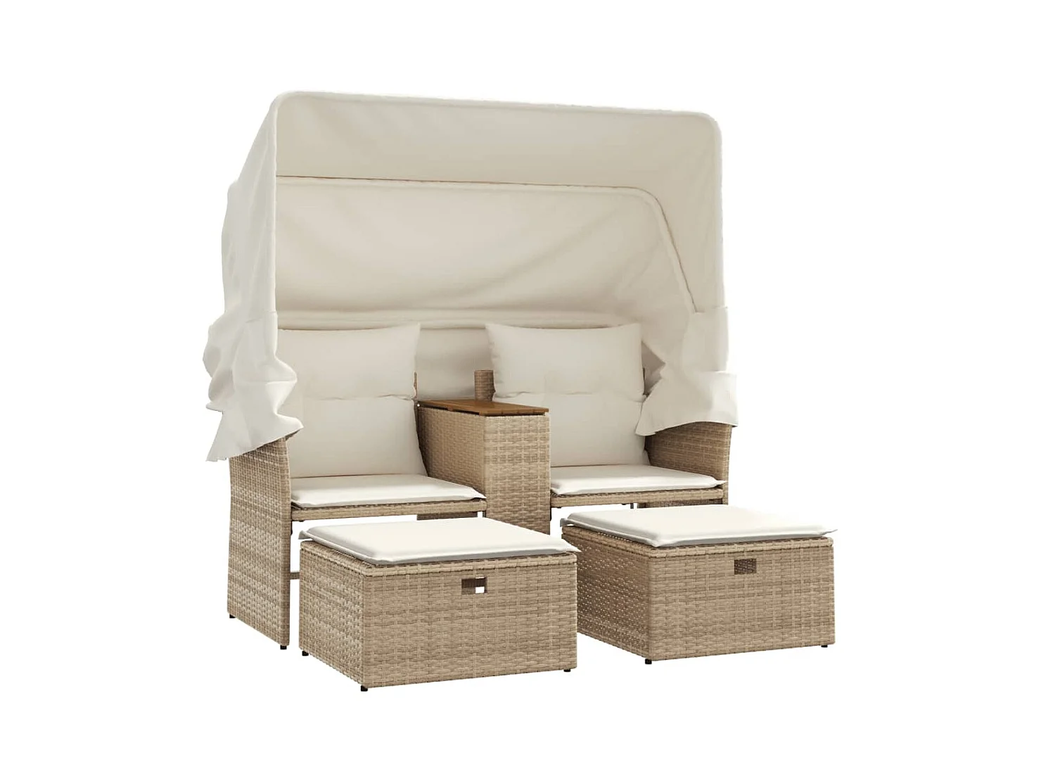 Canapé de jardin 2 places avec auvent et tabourets beige rotin