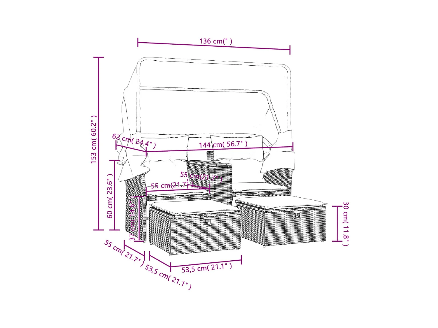 Canapé de jardin 2 places avec auvent et tabourets beige rotin