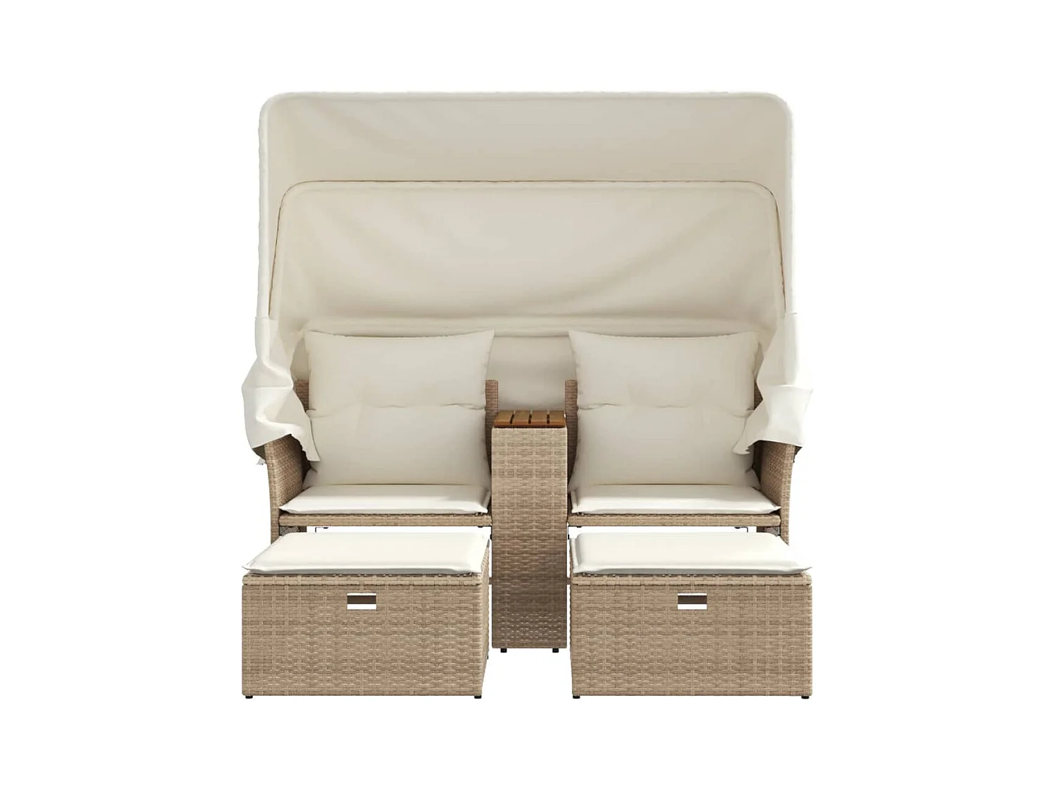 Canapé de jardin 2 places avec auvent et tabourets beige rotin