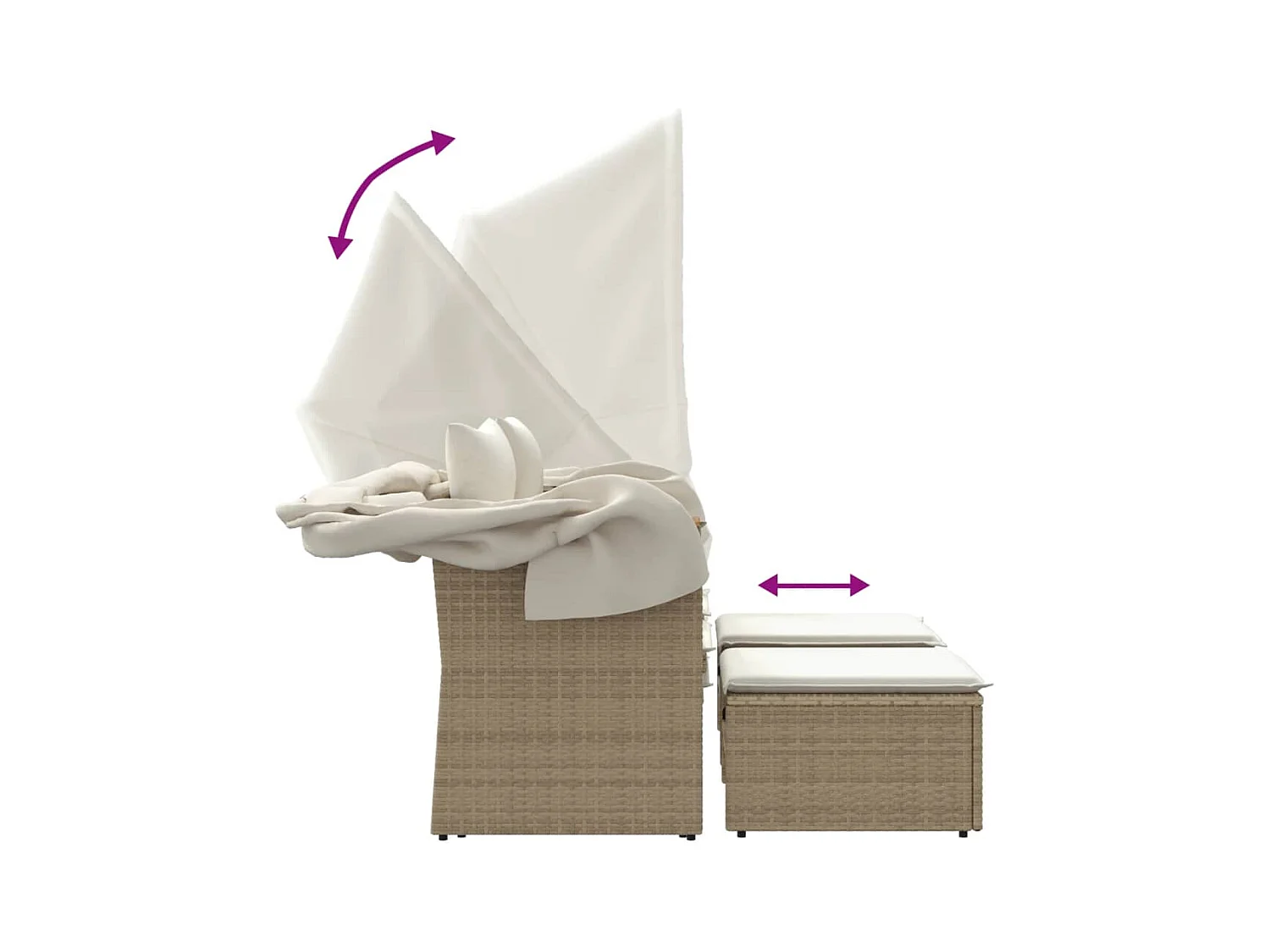 Canapé de jardin 2 places avec auvent et tabourets beige rotin