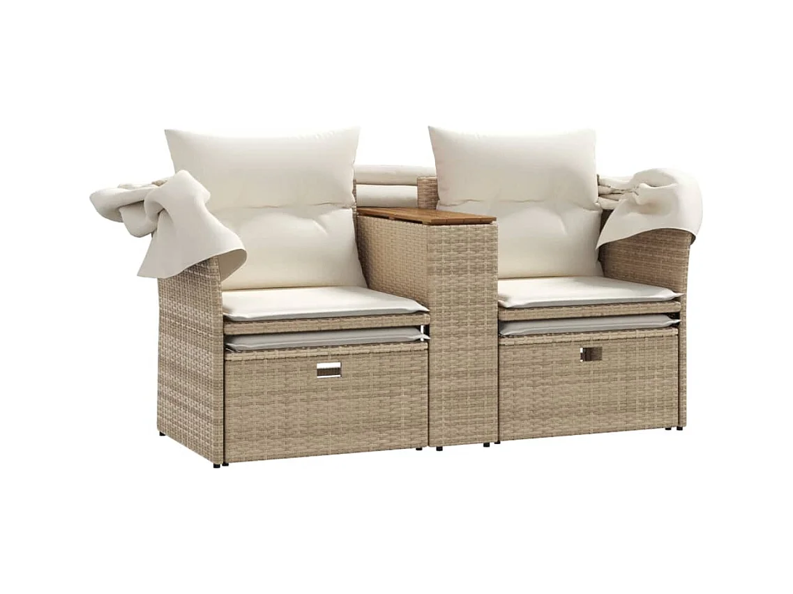 Canapé de jardin 2 places avec auvent et tabourets beige rotin