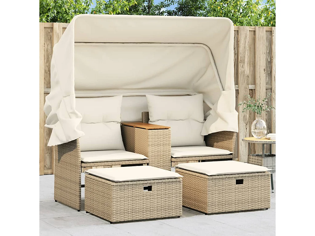 Canapé de jardin 2 places avec auvent et tabourets beige rotin