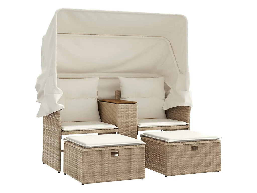 Canapé de jardin 2 places avec auvent et tabourets beige rotin