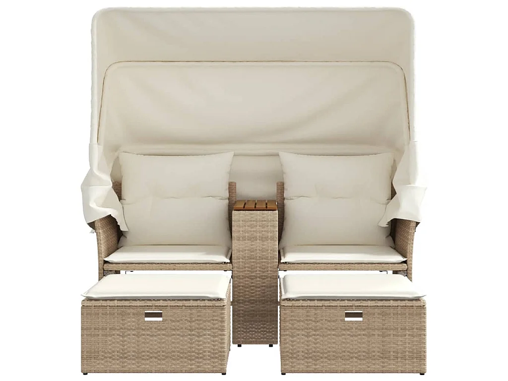 Canapé de jardin 2 places avec auvent et tabourets beige rotin