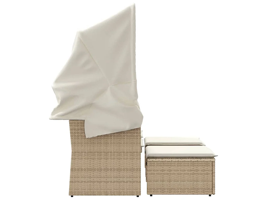 Canapé de jardin 2 places avec auvent et tabourets beige rotin